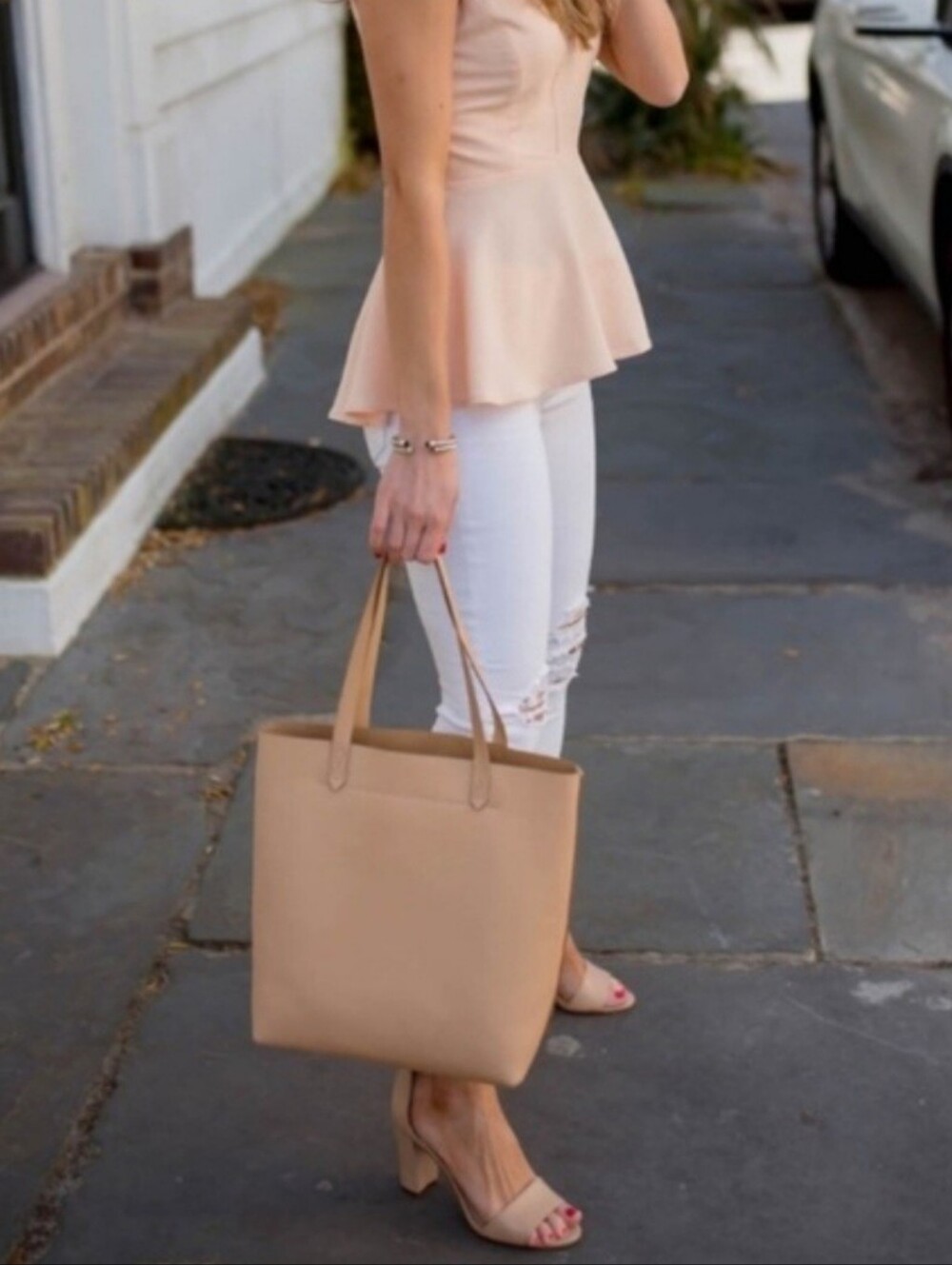 Madewell Tan Leather Transport Tote Bag Double Strap With Front Pocket